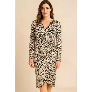 Maggy London Silk Leopard Print Wrap Dress Ruched Long Sleeve Officewear Size 10